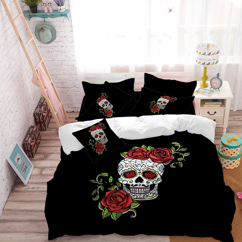 Rose Skull Bedding Set Flowers Sugar Skull Duvet Cover Bed Linens