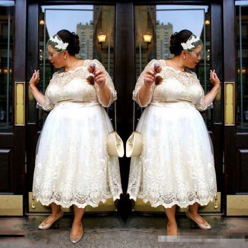 Acheter Dentelle Plus La Taille Robes De Mariee Courtes 2018 Longueur Du The Une Ligne De Robes De Mariee Illusion A Manches Longues Femmes De Mariage Robes Sur Mesure Pas Cher De