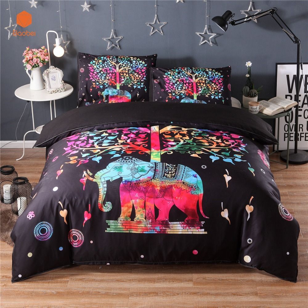 New Black Treeelephant 3d Bedding Sets Mandala Duvet Cover Set