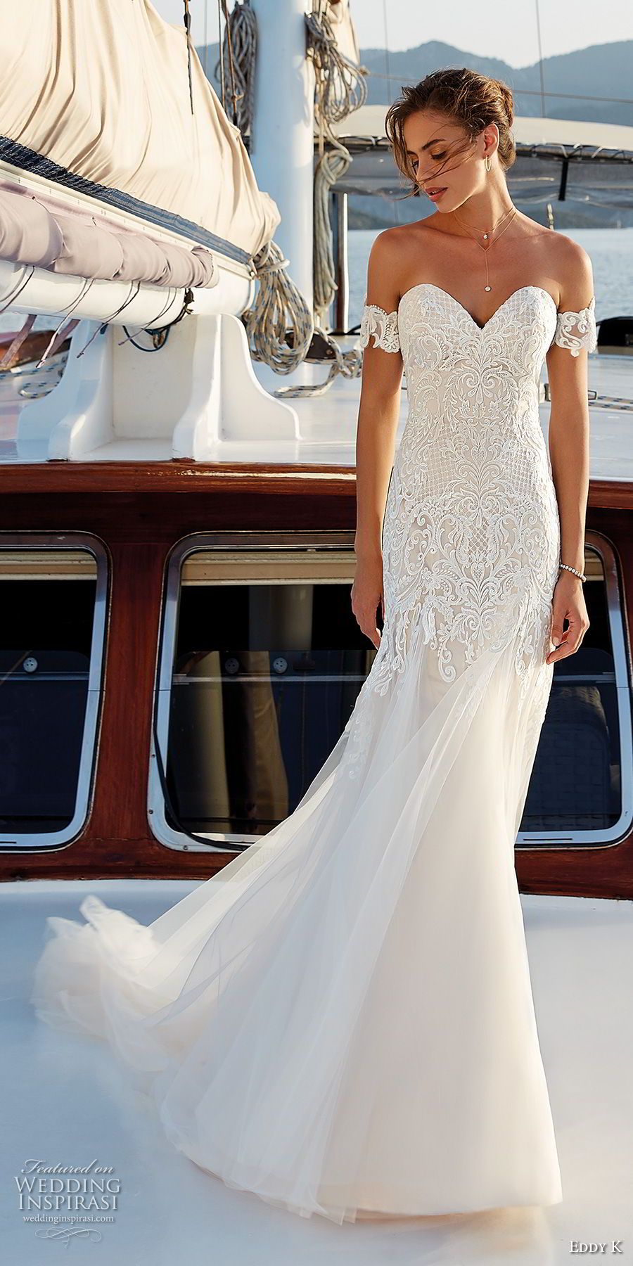 off the shoulder fit and flare wedding dress