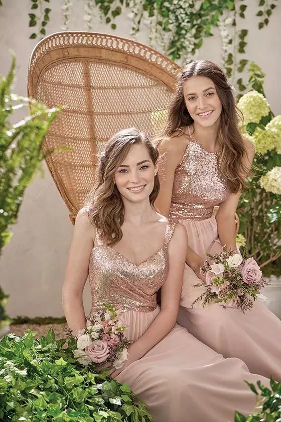 Compra Nuevas Lentejuelas Brillantes Flojos De Escote Mixta De Gasa Vestidos  De Fiesta De Fiesta Formal Vestidos De Dama De Honor Largos Vestidos De  Verano Rose Ruber Dama De Honor Con Volantes