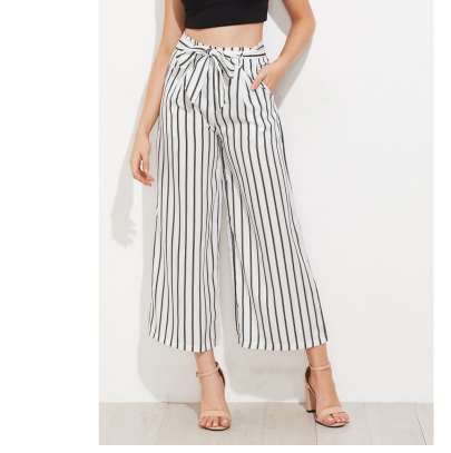 Pantalones de pierna ancha anudada a rayas negras Pantalones de cintura de mujer suelta de