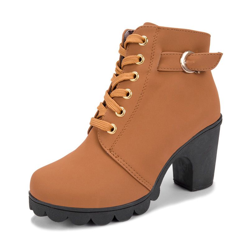 Botines 2018 Botas de invierno mujer Tacones altos PU Matin Punta Redonda Zapatos