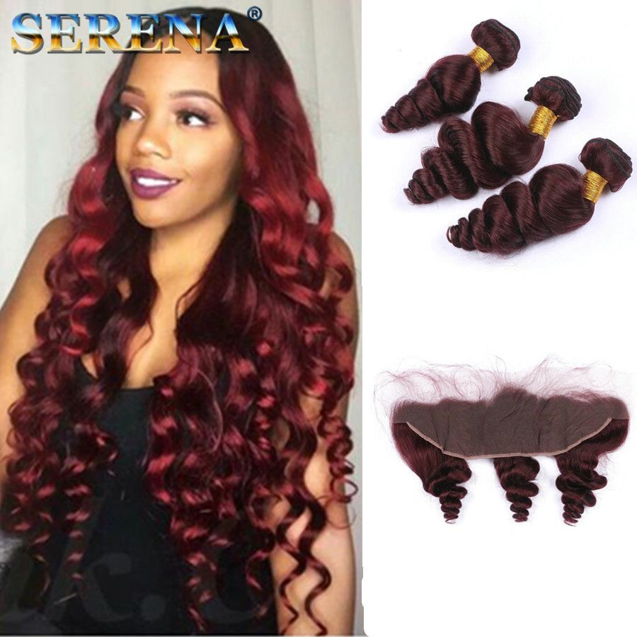 2019 Wine Red Ombre Loose Wave Hair Extensions With Lace Closure