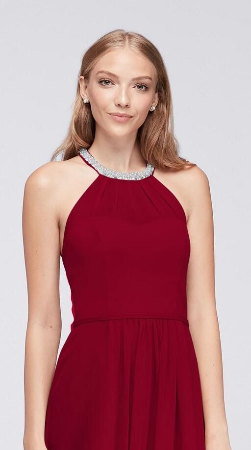 short chiffon dress with beaded illusion neckline