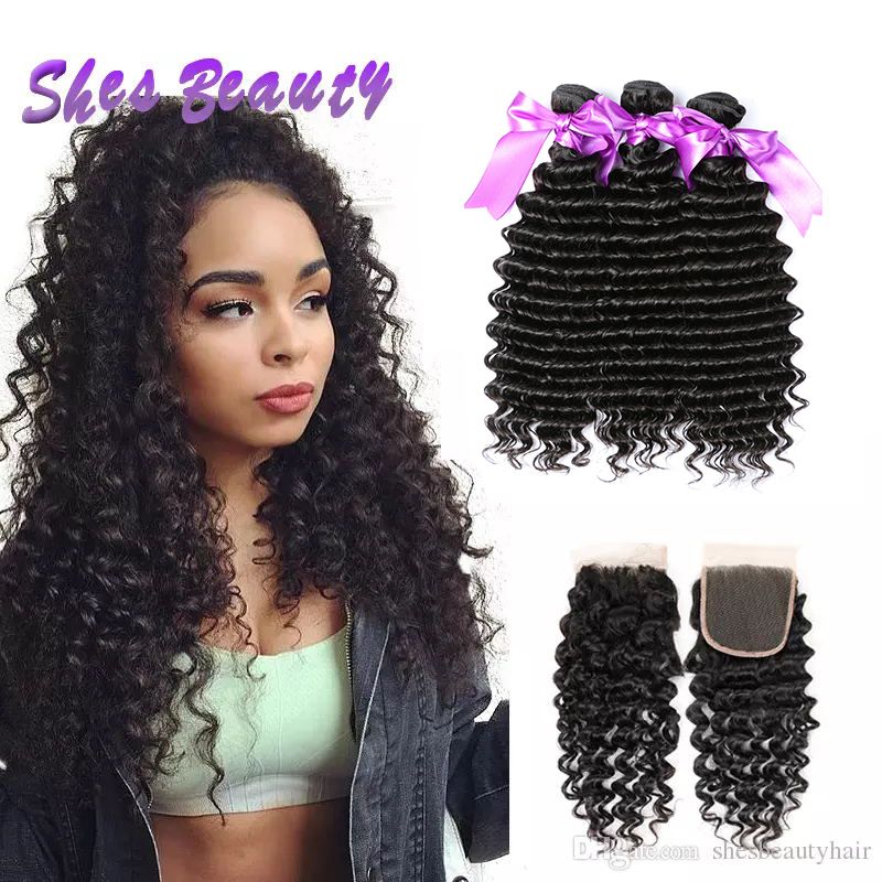 2019 Shesbeauty 3 Bundles Deep Wave Hair With Lace Closure 8a Unprocessed Malaysian Deep Wave Wholesale Malaysian Virgin Human Hair Natural Color From