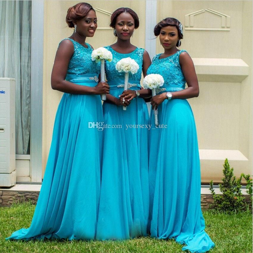 Aplicando biblioteca Tía Vestidos de dama de honor africano azul turquesa 2018 elegantes apliques de  encaje gasa con abalorios