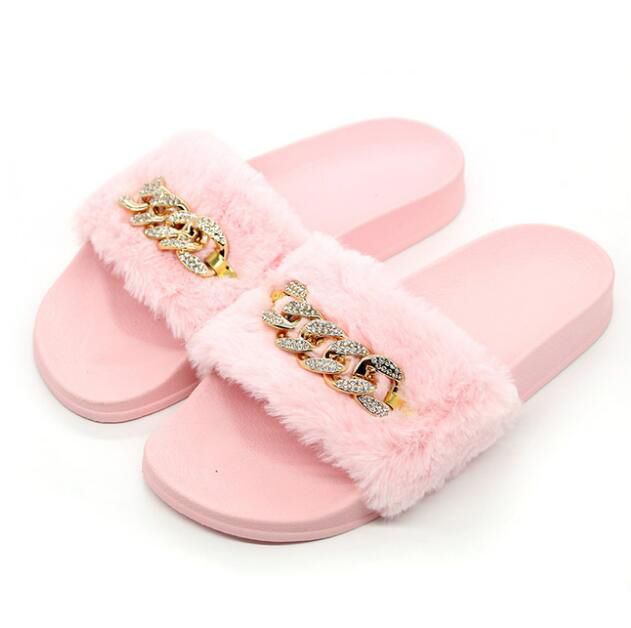 pink fluffy flip flops