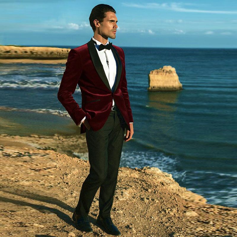 2018 Men Suits Burgundy Red Velvet Wedding Suits For Man Blazer