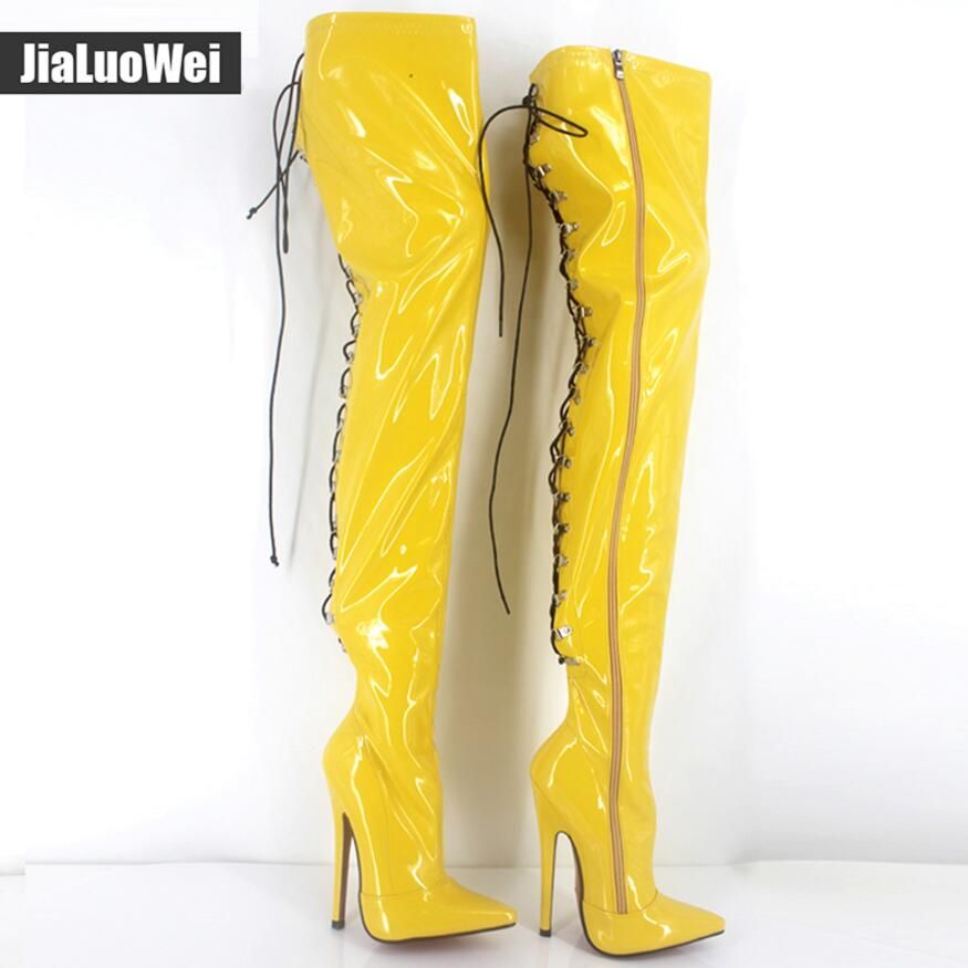 yellow thigh high heels