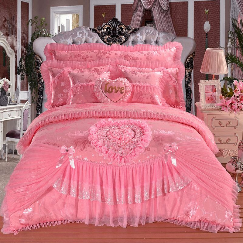 Hot Pink Red Jacquard Silk Princess Bedding Sets Silk Lace Ruffles