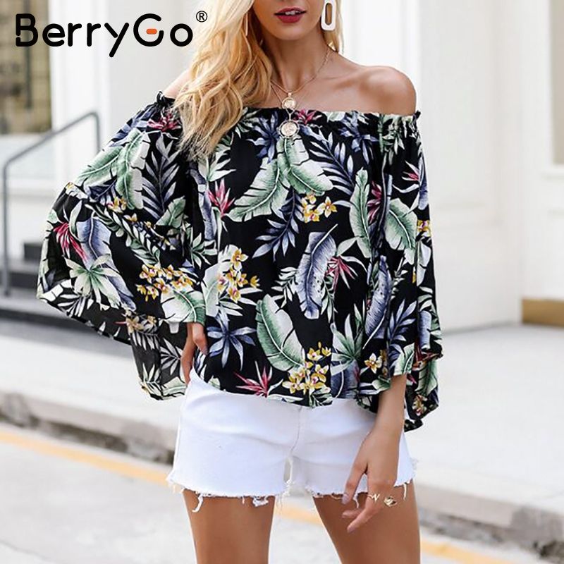 Camisa blusa de estampado floral con hombros descubiertos de Bohemia de Camisa de