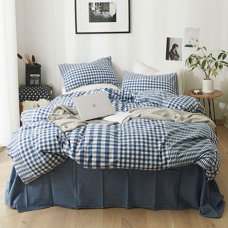 Cotton Mixed Big And Small Plaid Bed Set King Queen Size Duvet