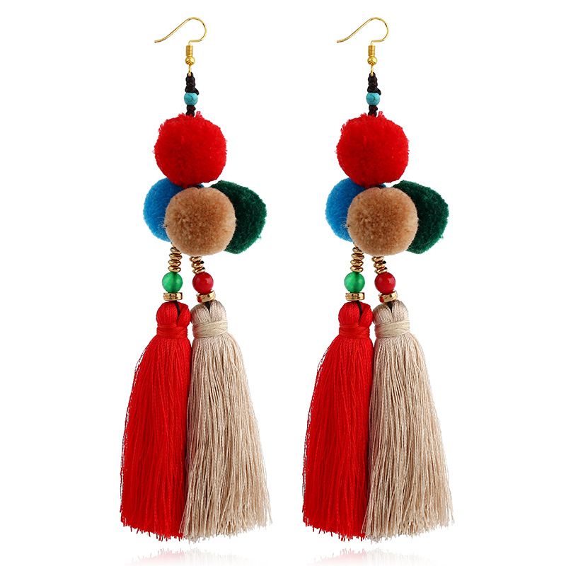 Bohemia Ethnic Long Tassels Dangle Earrings Women Girls Double Circle Thread Handmade Carmine