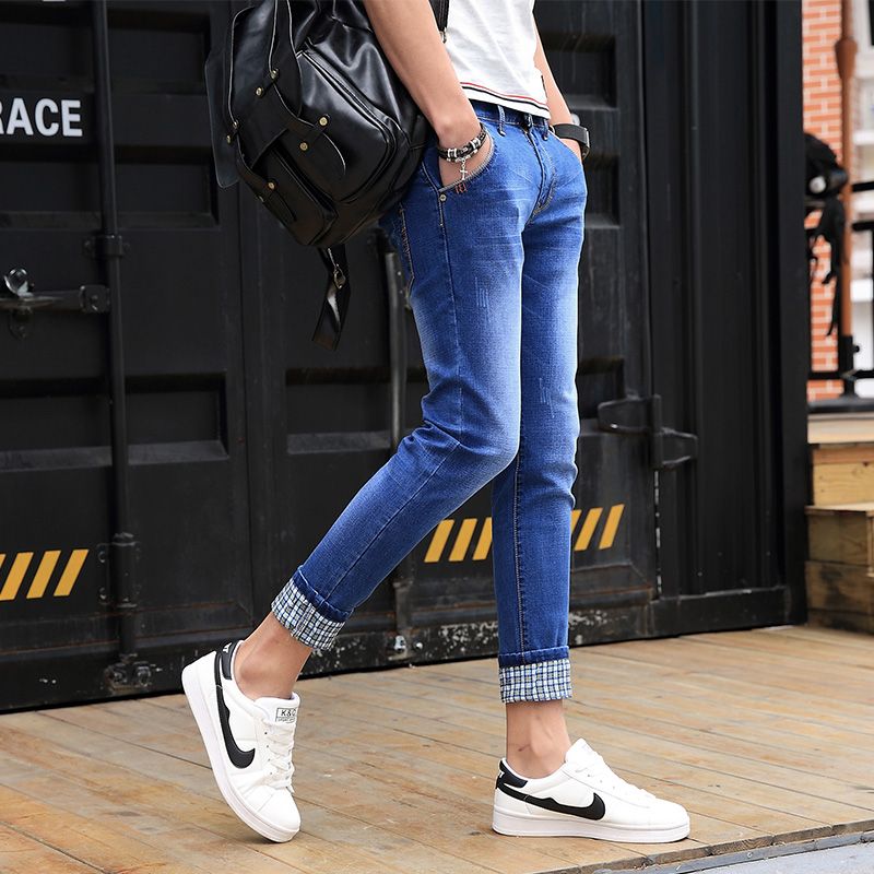 New Casual Jeans Men Pants Plaid Cuffs Summer Blue Ripped Skinny Jeans Male Fashion Mens Denim Pants Slim Fit Jean Jeans Man Hot Sale From China Mens Jeans Seller Netecool Dhgate Com