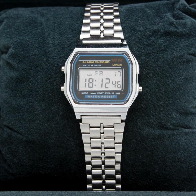 satin al f 91w led dijital saatler erkekler kadinlar unisex kol saati gumus altin renk paslanmaz celik spor izle islevli led dijital kol saati