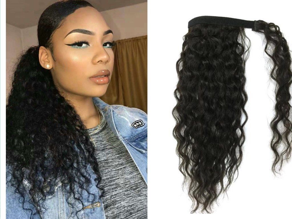 Deep Wave Curly Ponytail Hairpiece Free Parting Wraps Pony Tail Wavy Curly Human Hair Unprocessed Ponytail Hair Extension 100g 140g Natural Cute