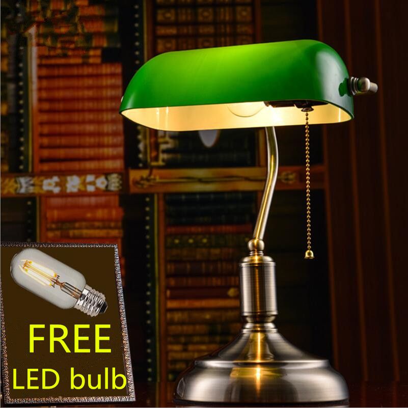 2020 E27 Led China Retro Antique Brass Green Glass Shade Table