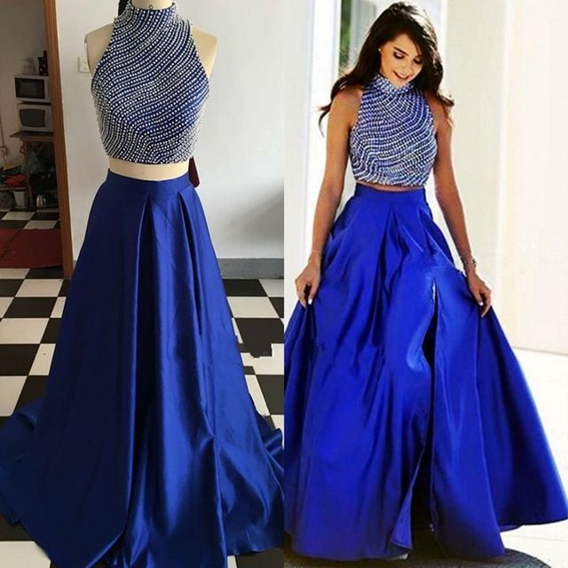 Banco de iglesia pescado Factura Royal Blue Vestido de noche de dos piezas para mujeres gordas Cuello alto Una línea Cristal Banco de iglesia pescado Factura Royal Blue Vestido de noche de dos piezas para mujeres gordas Cuello alto Una línea Cristal