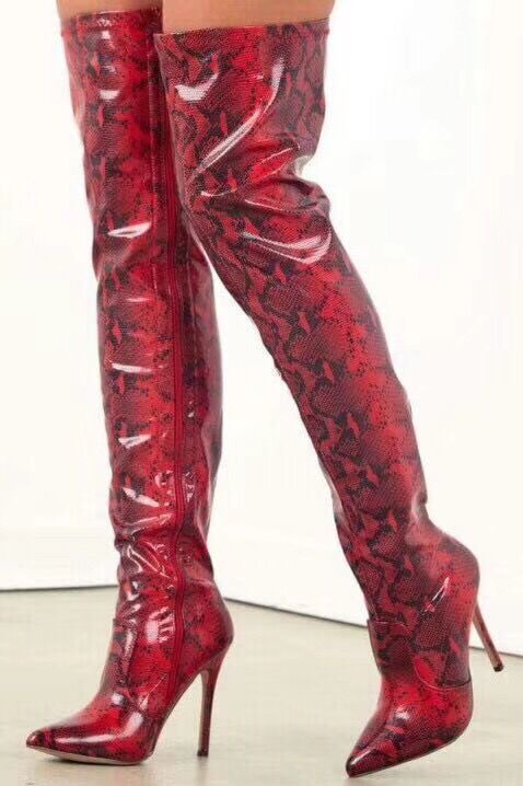 red snakeskin knee high boots