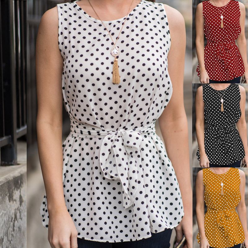 20187 Primavera Verano Blusa Camisas de Mujer Casual Blanco Rojo Lunares Sin Mujer Delgada