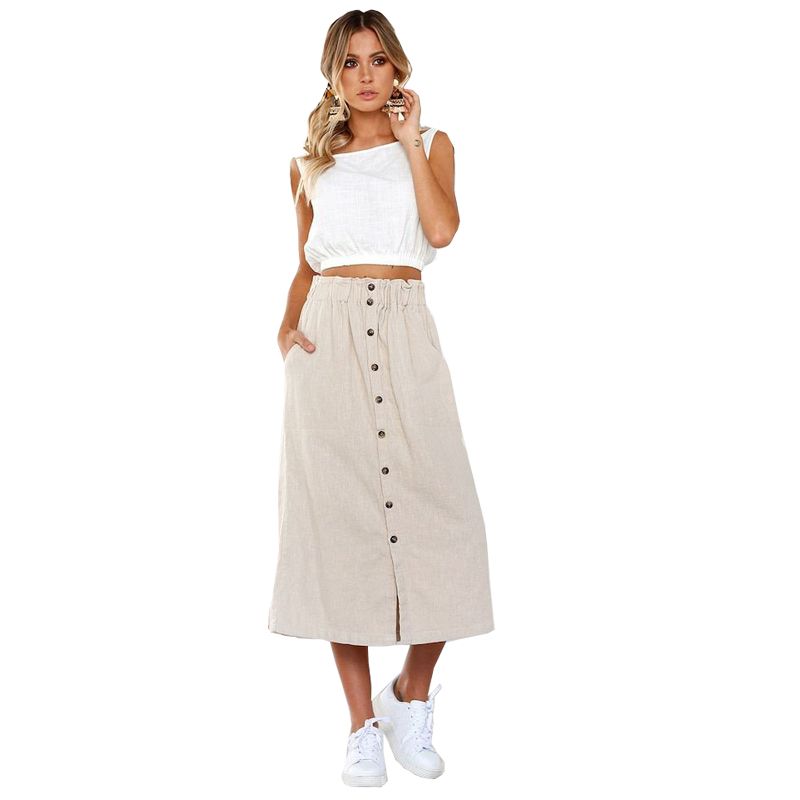 Compre Mulheres Elegante Vintage Botão Frontal De Cintura Alta Saia Longa Solta Bottoms Casual Festa Midi Saia Com Bolsos De Blairi, $90,39 | Pt.Dhgate.Com