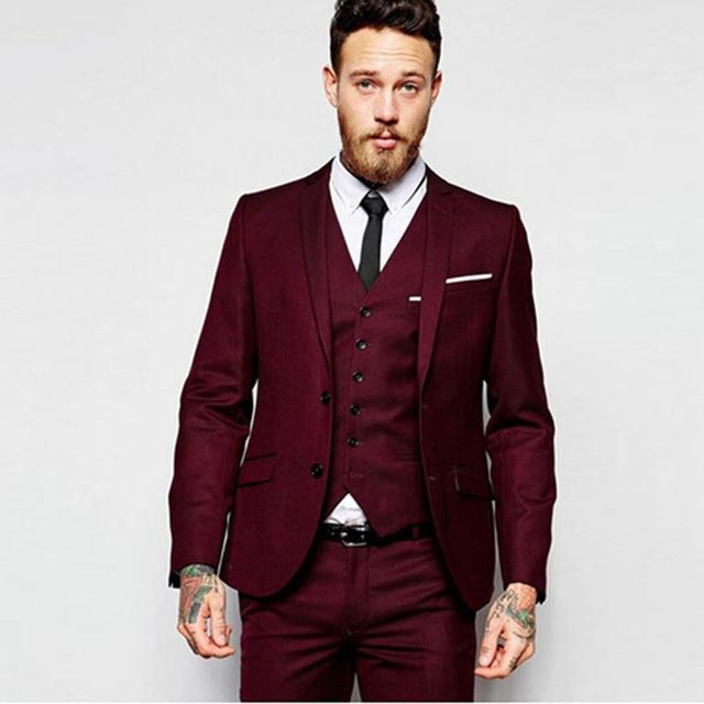 Homme Hombres Trajes para bodas 2018 Trajes para hombre con pantalones Vino Red / Gris