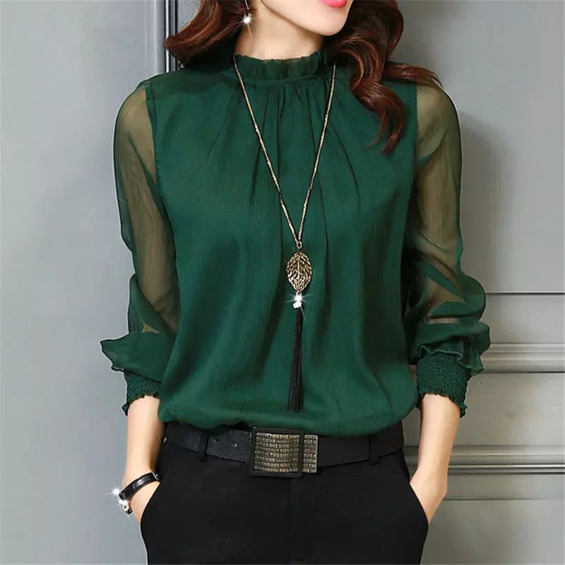 de primera categoría Perenne Electricista Primavera otoño blusa de gasa mujeres tops manga larga cuello de trabajo  ropa de trabajo camisas