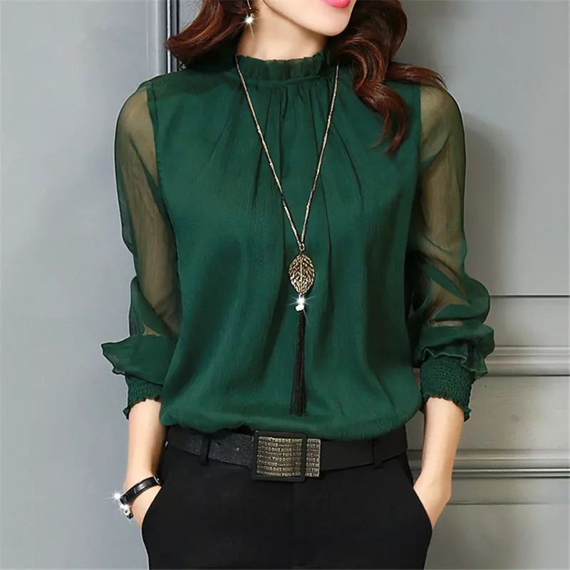 Primavera Otoño Blusa De Gasa Mujeres Tops Manga Larga Cuello De Trabajo Ropa De Trabajo Camisas Elegante Dama Blusas Casual Color De 14,25 € | DHgate