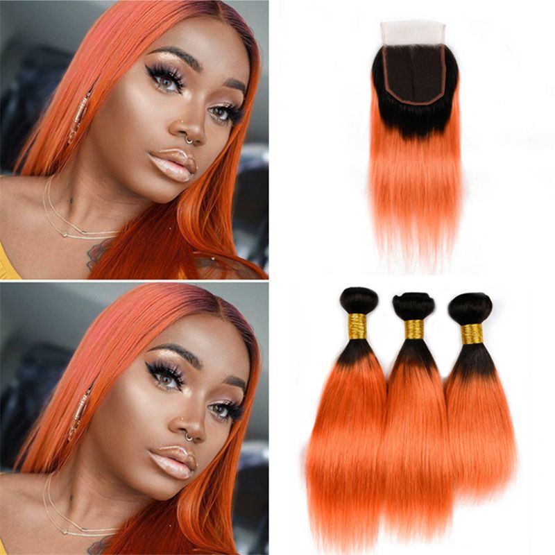 2019 Indian Orange Ombre Hair Extensions Human Hair 3 Bundles With