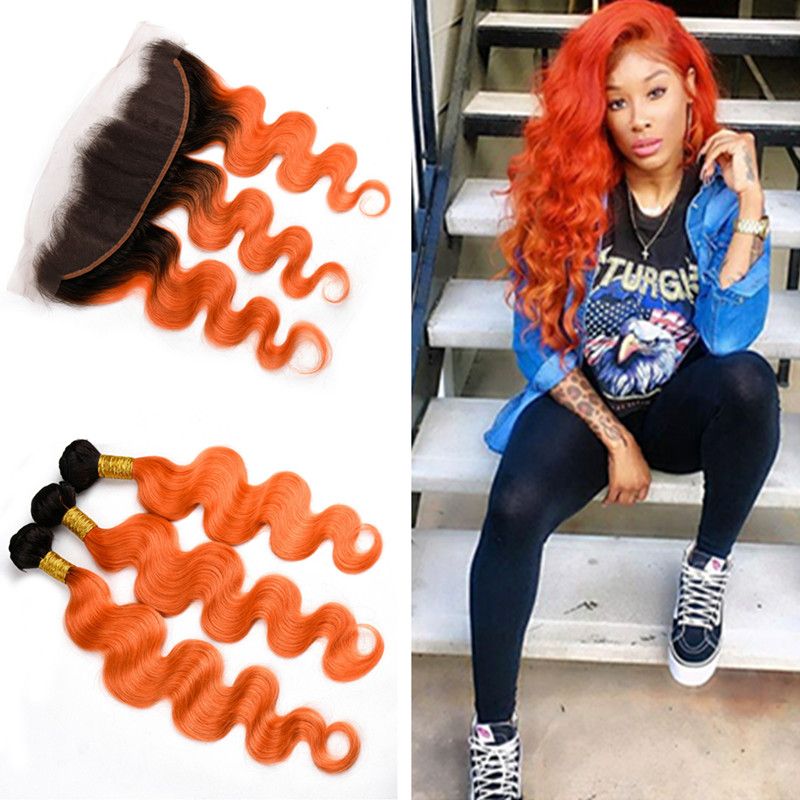 Ombre Blonde 1b Orange Body Wave Hair Extension With Ear To Ear