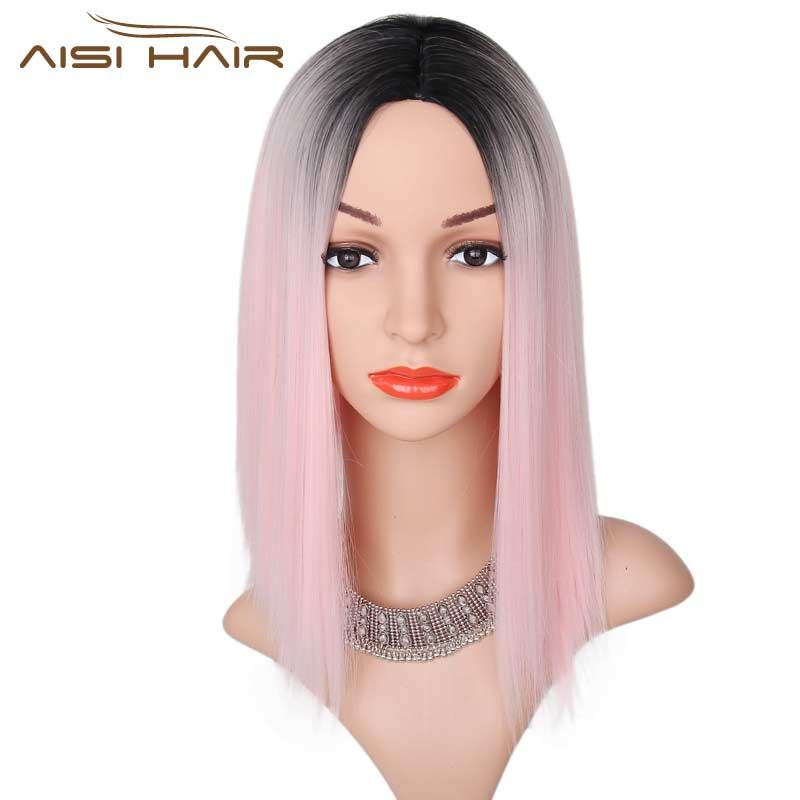 I S A Wig Black Ombre Pink Wig Straight Synthetic Wigs Short Hair