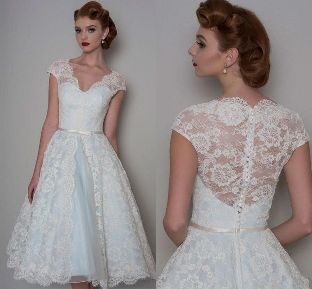 Discount 50s Vintage Short Wedding Dresses Cap Sleeve V