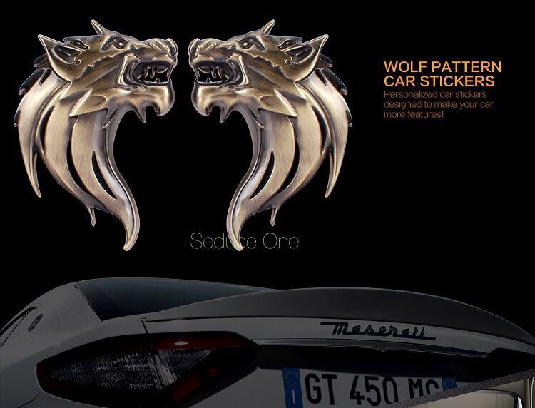 Pair 3D Wolf Head Pattern SOLID Metal Car Motorcycle Sticker Decal Emblem Badge