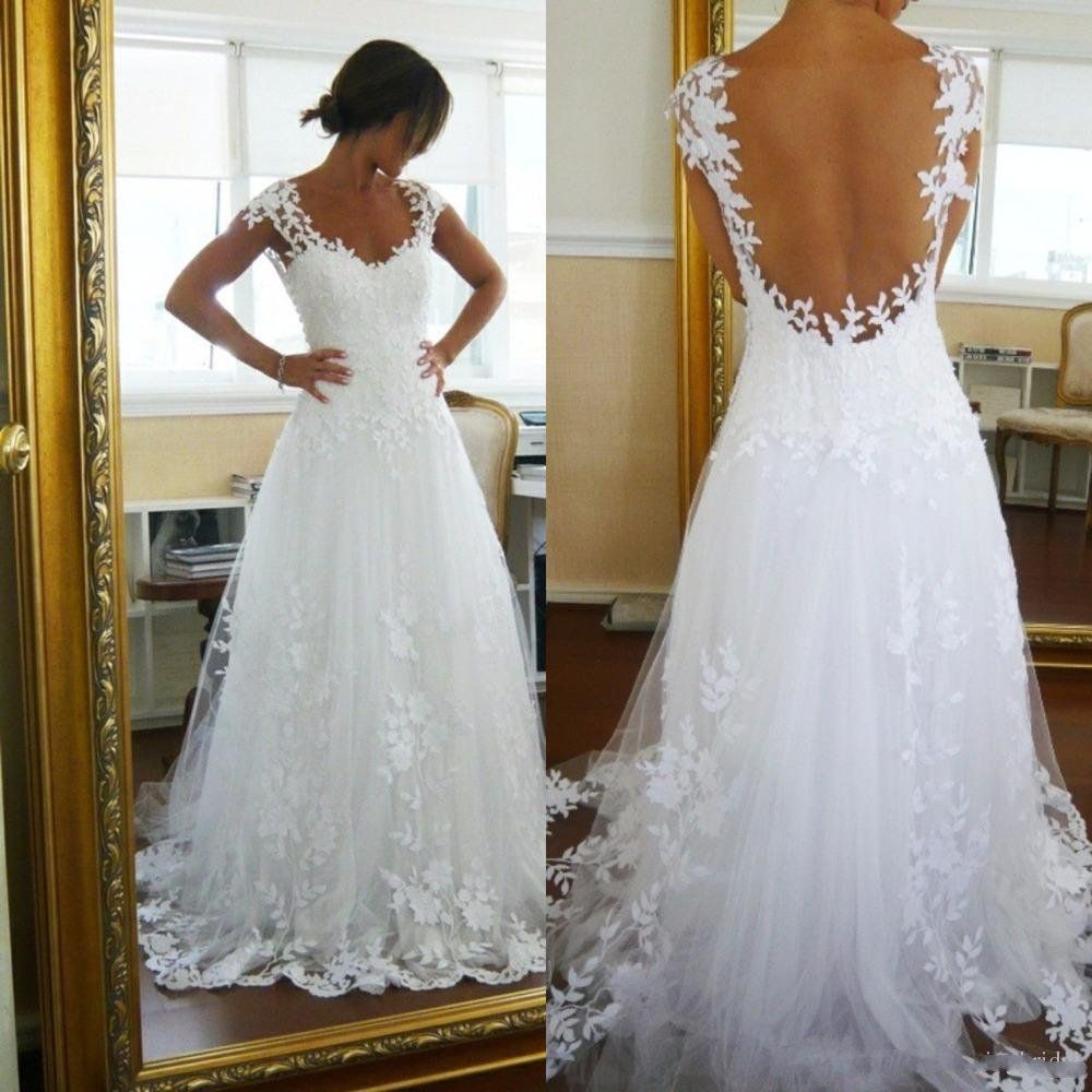 Discount 2020 New Romantic Beach Wedding Dresses Cheap A Line Cap Sleeves Backless Floor Length Lace Summer Boho Bridal Gowns Lace Wedding Dress Lace