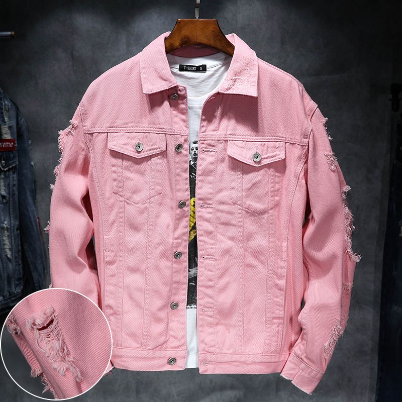 pink shirt denim jacket