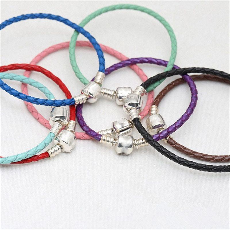 100% 925 cuero trenzado plata muchos colores diferentes pulsera para Pandora Charm Bead joyería