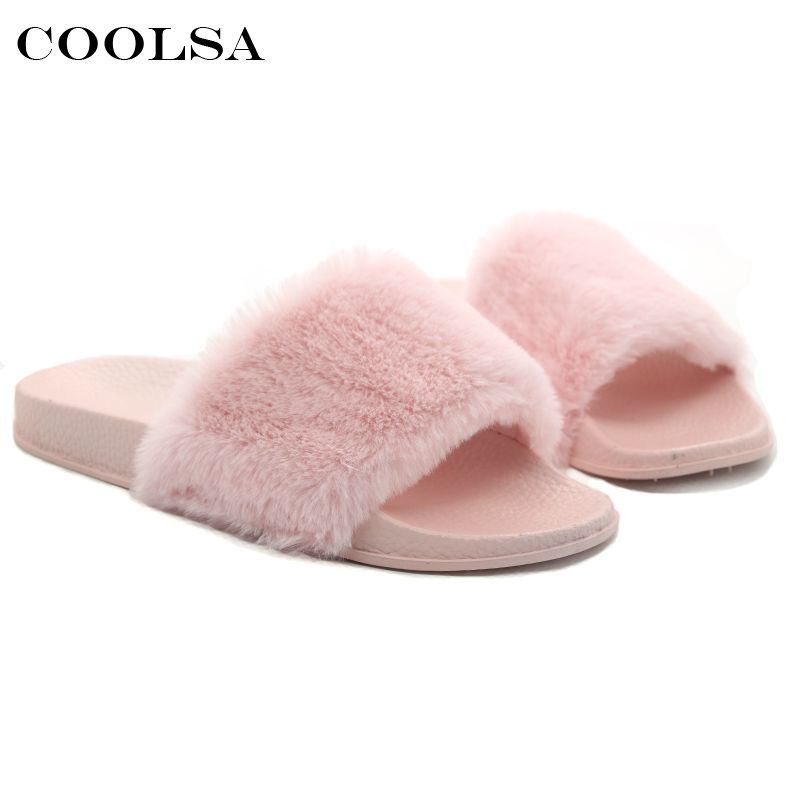 COOLSA New Women&#39;S Furry Slippers Faux Fur Slides Designer PVC Flat Fluffy Plush Fashion Home ...
