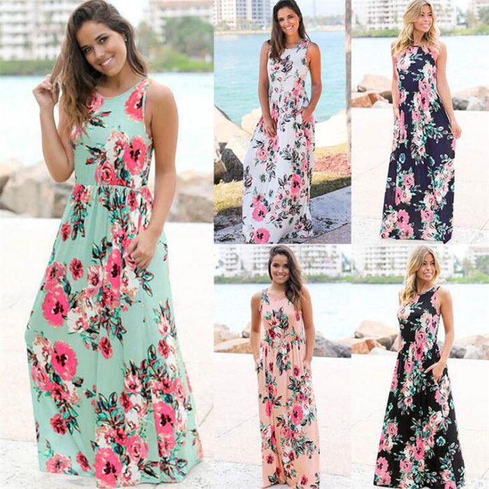 Women Floral Print Sleeveless Boho Dress Evening Gown Party Long