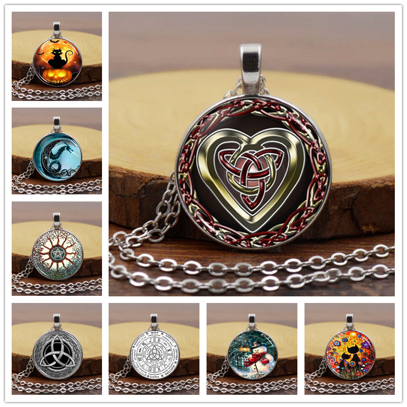 Celtic Art Dragon Photo Cabochon Glass Tibet Silver Chain Pendant Necklace