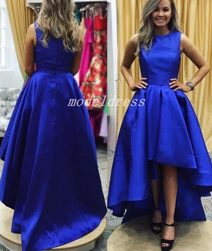 Blue High Low Vestidos de 2018 Jewel Plain Hi-Lo Vestidos de cóctel Vestidos