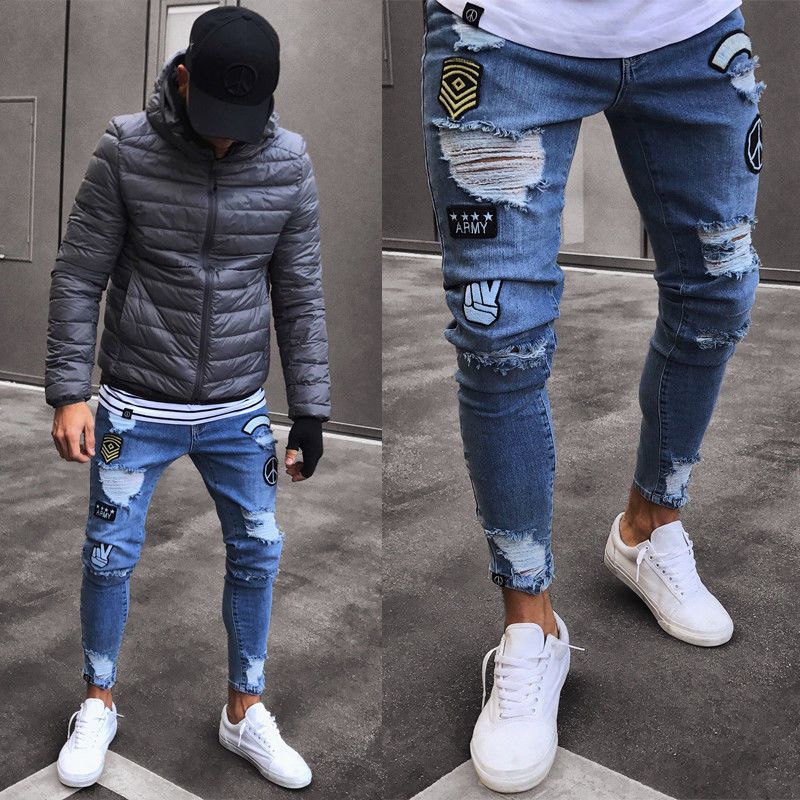 Compra Hombres Con Estilo Pantalones Vaqueros Rasgados Biker Skinny Slim  Straight Frayed Denim Pantalones Nueva Moda Ropa De Hombre Barato | Entrega  Rápida Y Calidad | Es.Dhgate