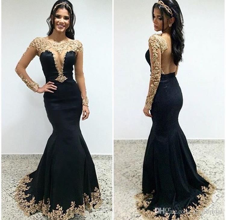 Compra Jewel New Coming Sweep Train Sirena Satinado Negro Y Dorado Vestido  Sexy Elegante Vestido De Noche Hermoso Barato | Entrega Rápida Y Calidad |  Es.Dhgate