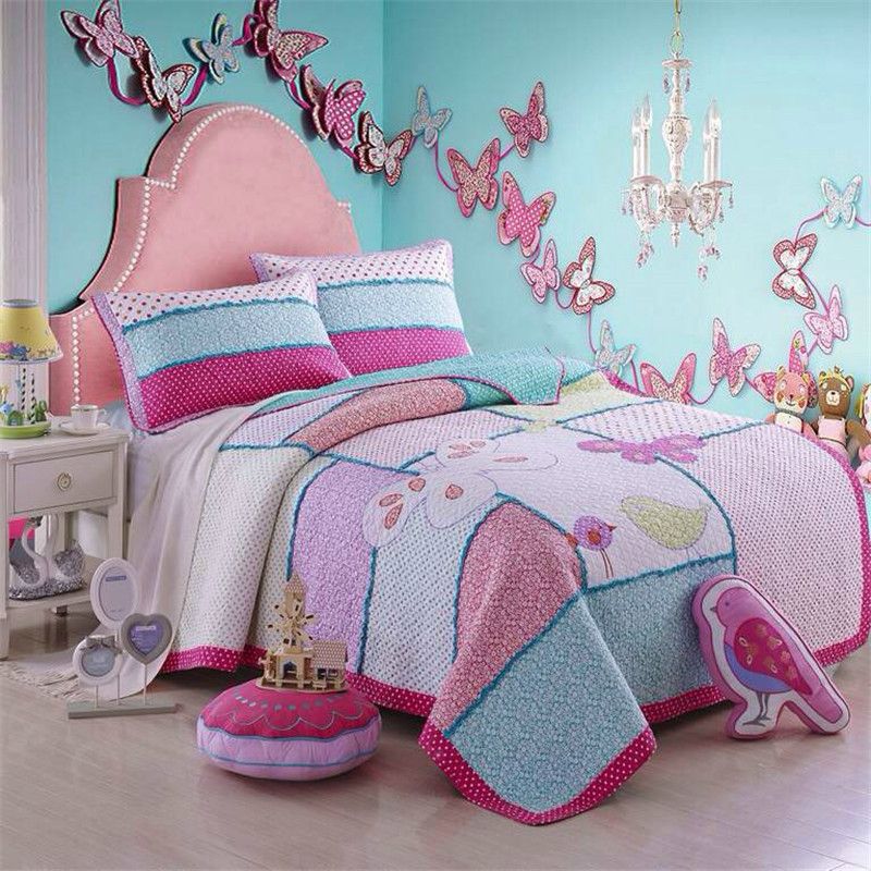 Cartoon Bedspread Pillow Cases Twin Size Bed Cover Set Bird Pink