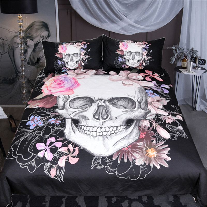 Sugar Skull Floral Duvet Cover Gothic Bedclothes Flowers Printed