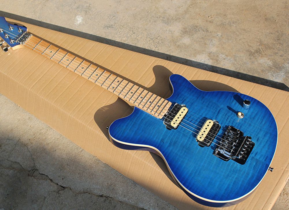 Floyd Rose Electric Guitar With Blue HH Pickups, Beige Flame Veneer