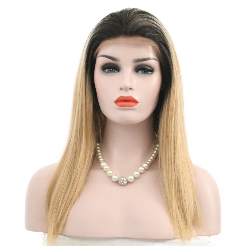Fashion 2 Tones Blonde Straight Synthetic Lace Front Wigs Ombre