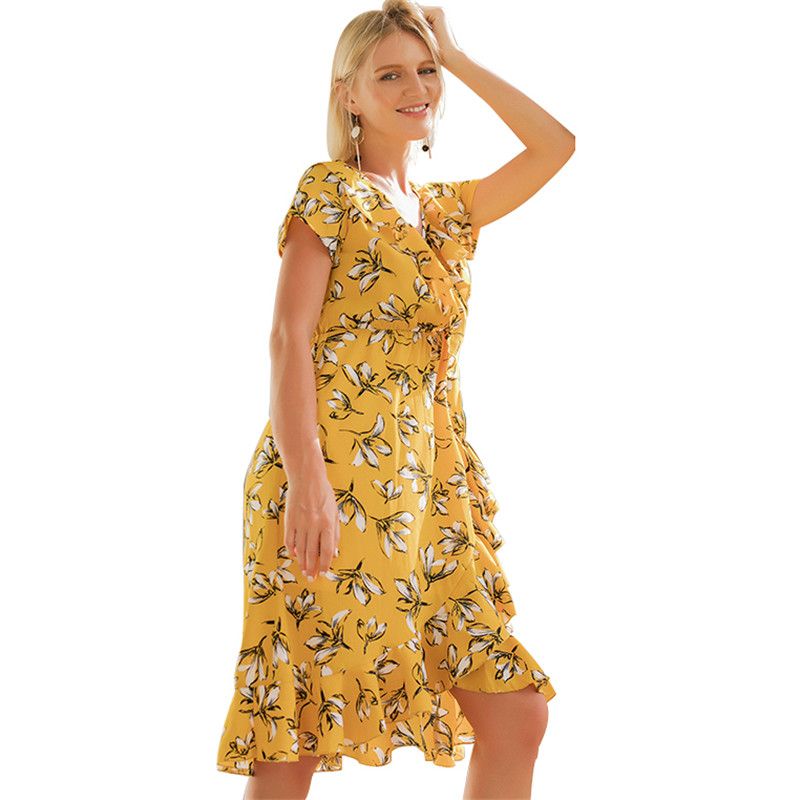 Flower Print Yellow Dress Boho Ruffles Beach Dresses Summer