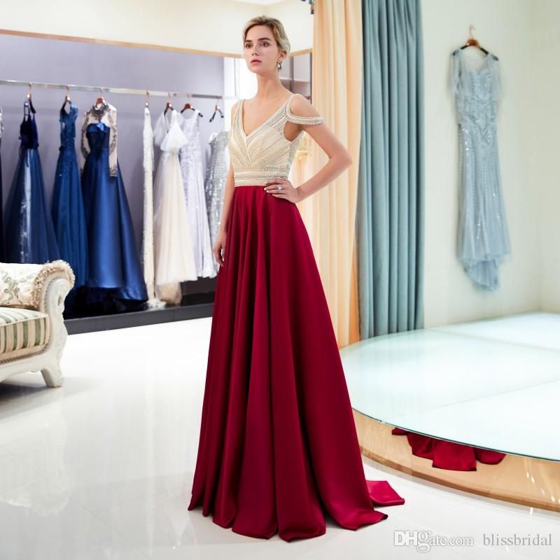 Moda 2019 elegante rojo oscuro Una línea de vestidos de noche con cuello en con