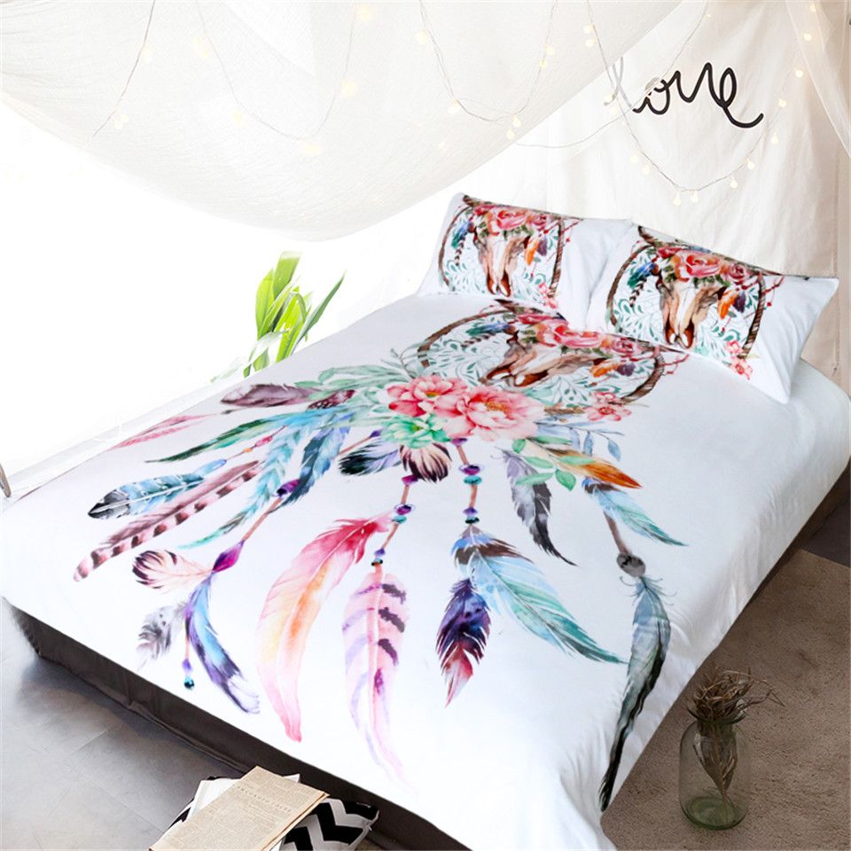 Blessliving Bedding Set Skull With Feathers Bed Cover Dreamcatcher